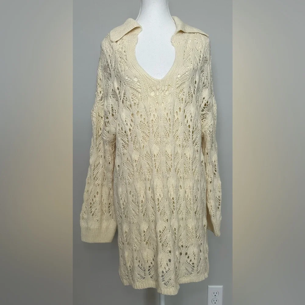 Free People Elton Sweater Dress Cream‎ Open Knit Collared Long Sleeve Boho M